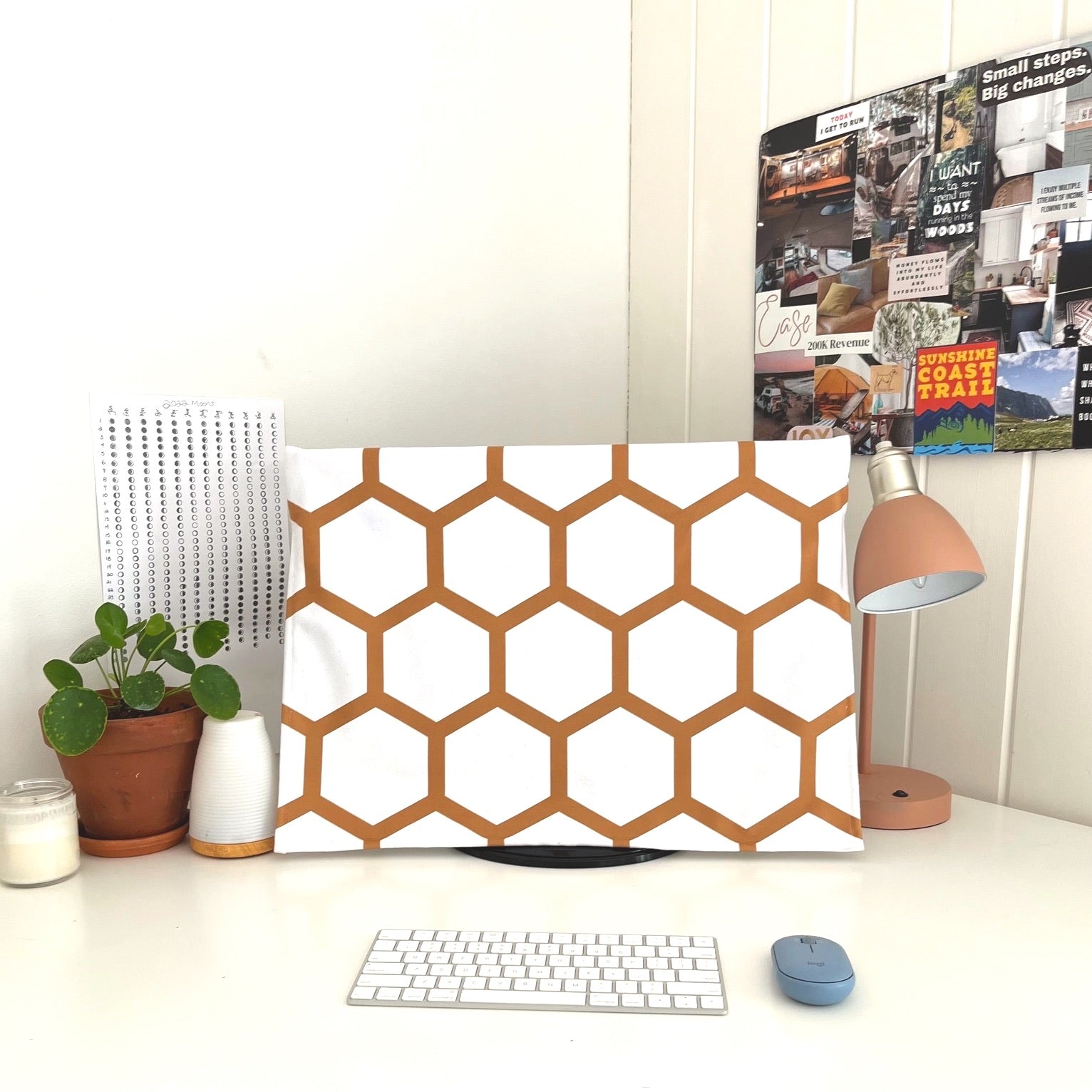 close up view of monitor cover on a home office desk